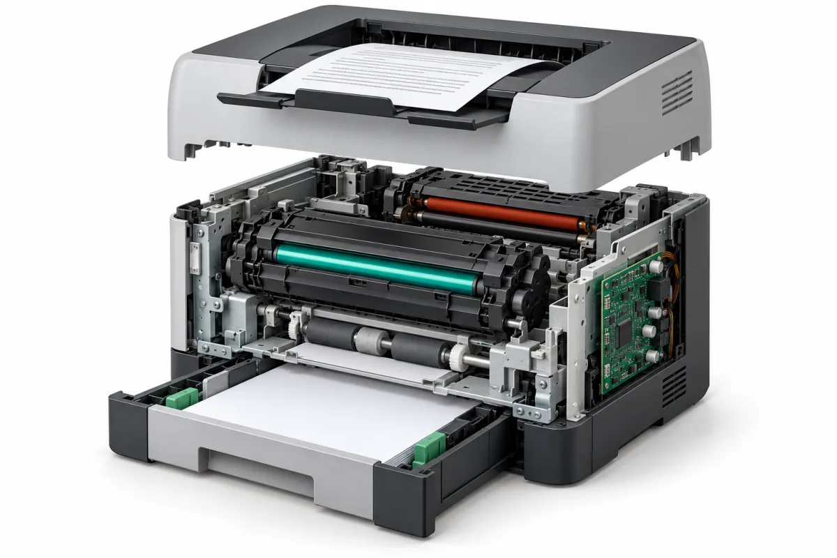 Основные узлы лазерного принтера под приподнятой крышкой корпуса